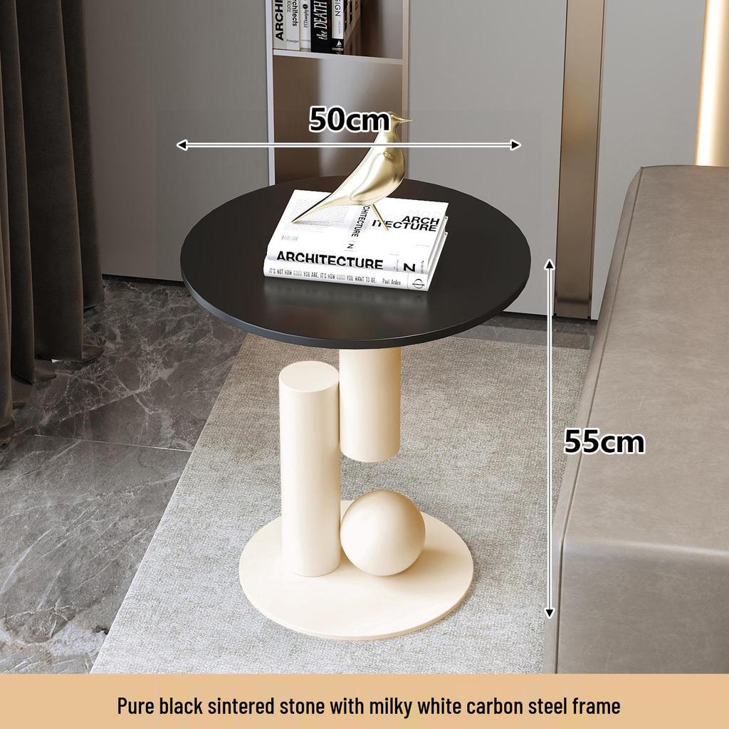 Cream-Style Sintered Stone Side Table: Minimalist Round Coffee Table for Living Room or Bedside, Light Luxury Feel.