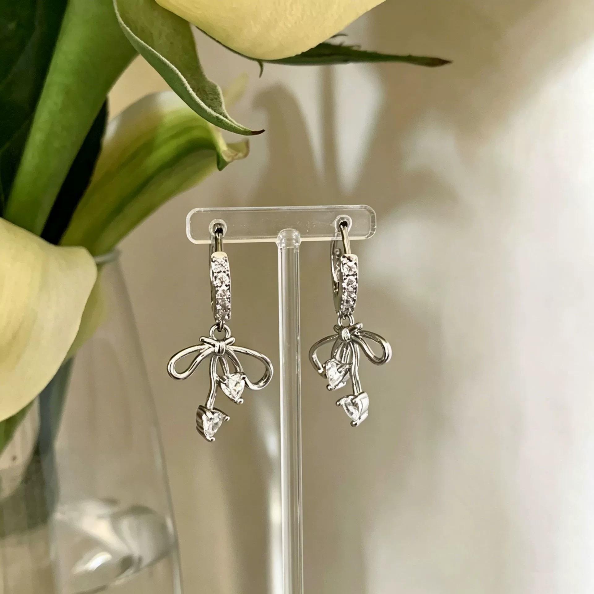 925 Silver Drop Earring For Women Sweet Cool Bow Zircon Personality Jewelry Party Gift