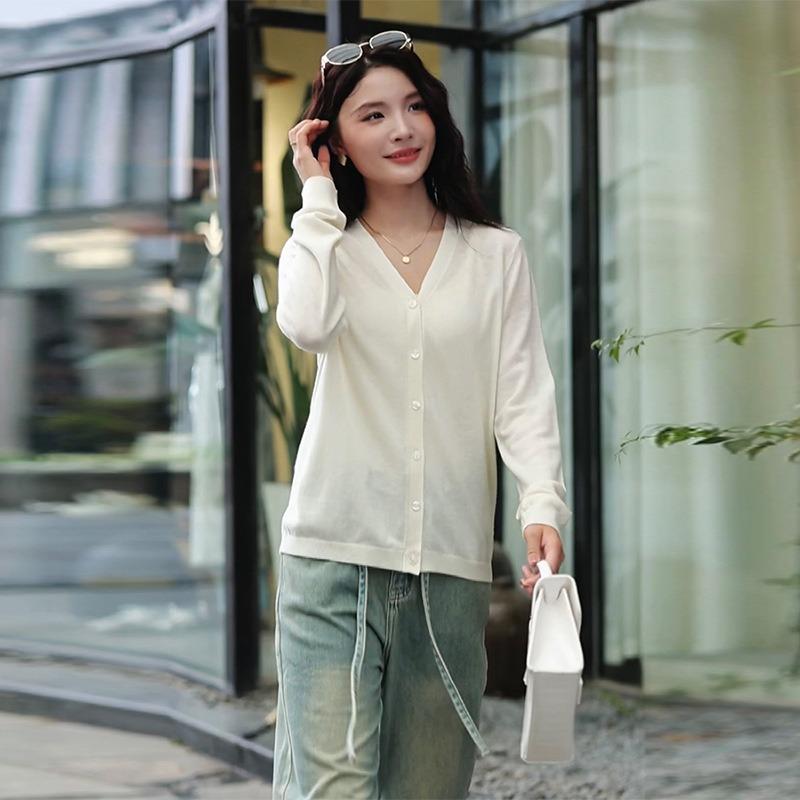Autumn New 0 Wool Cardigan Women's Blouse Collar with Casual Long-sleeved Knitted Sweater Jacket Thin Top