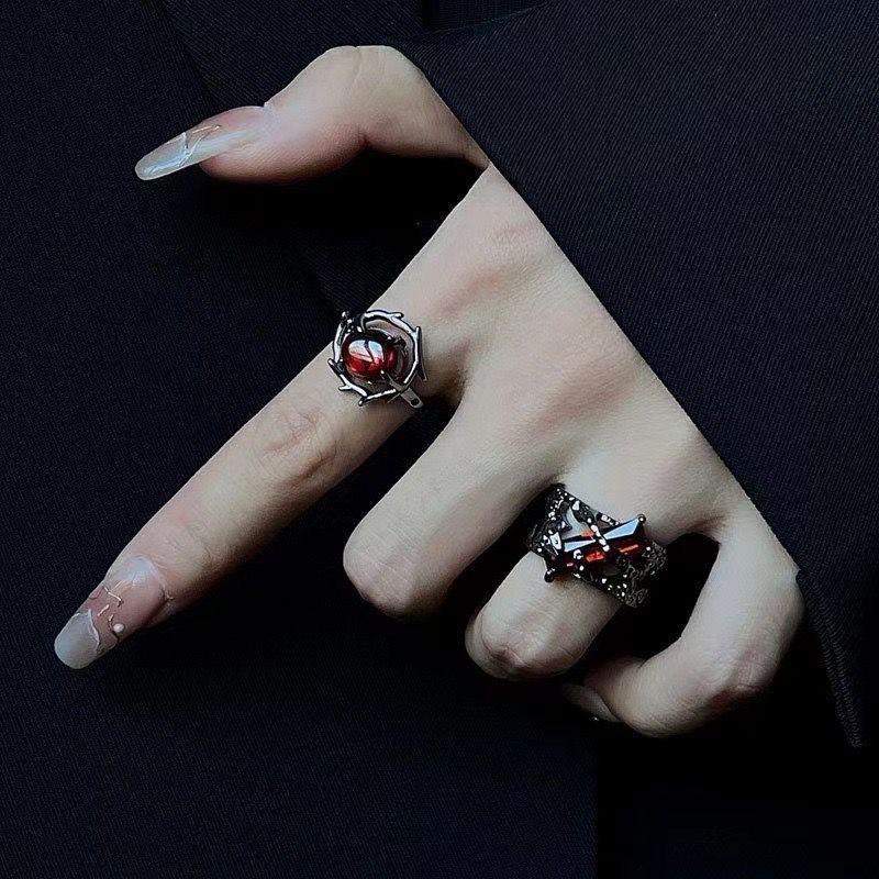 Dark Style Deep Red Net Ring Halloween Gift Geometry Black Finger Jewelry Bagues