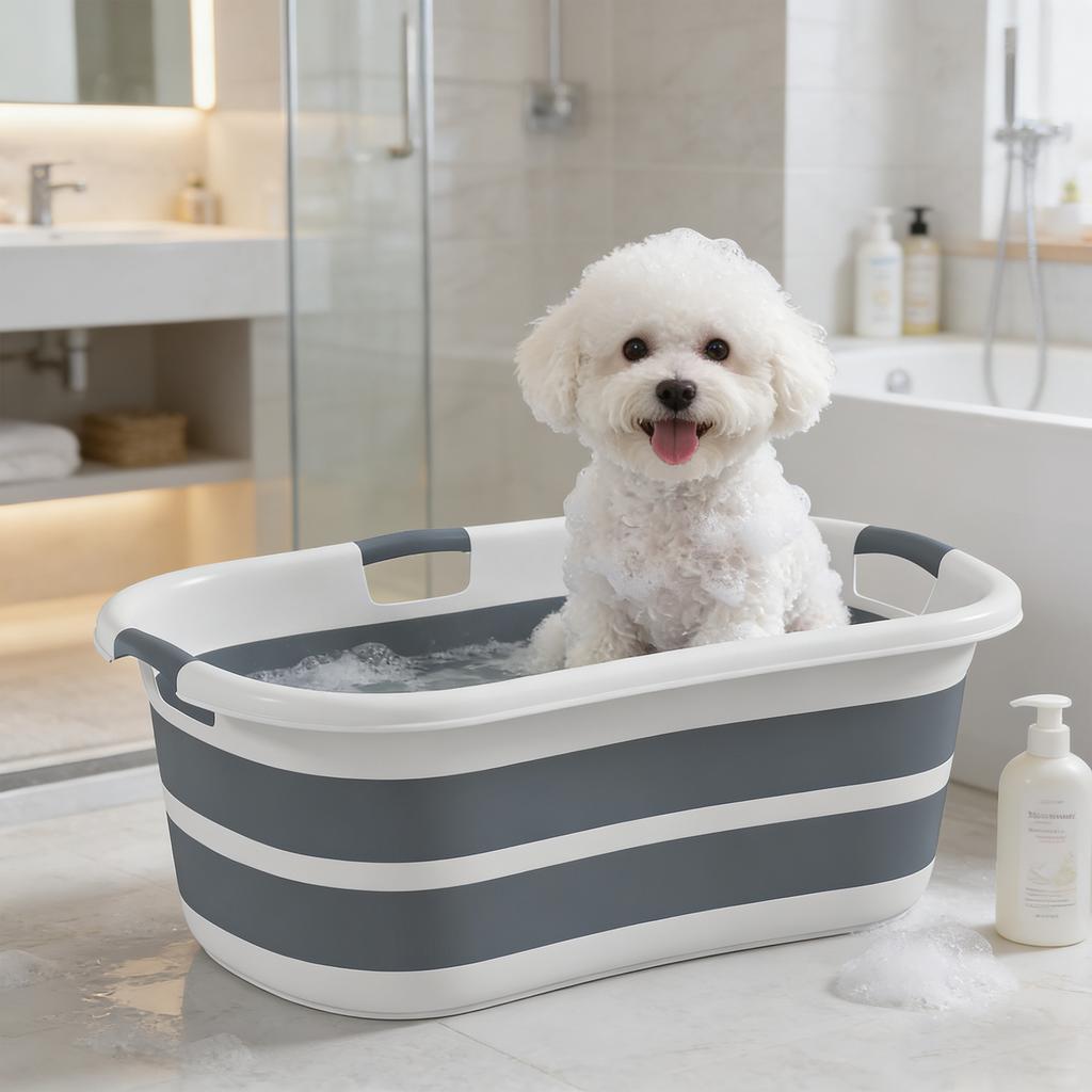 Dog Bathtub, Foldable Portable Bathtub with Drain Hole, for Small Breed Dogs and Puppies, Grey