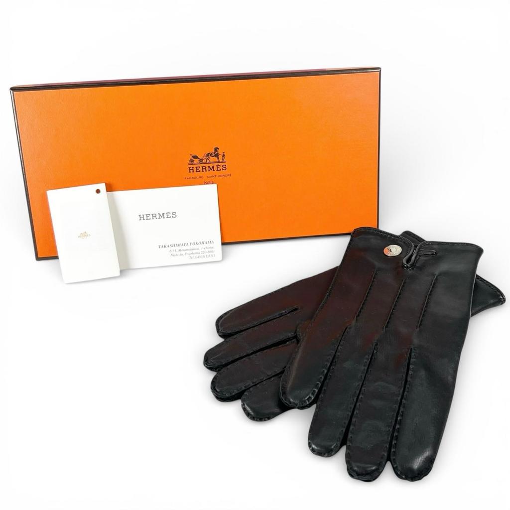 Excellent HERMES gloves Leather gloves with Serie buttons black leather mens Used
