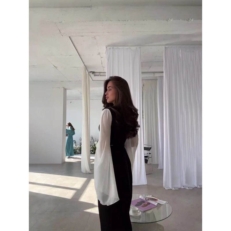 European and American New V-neck Fashion Loose Mesh See-through Sleeve Dress V-Neck Mesh Sleeve Dress