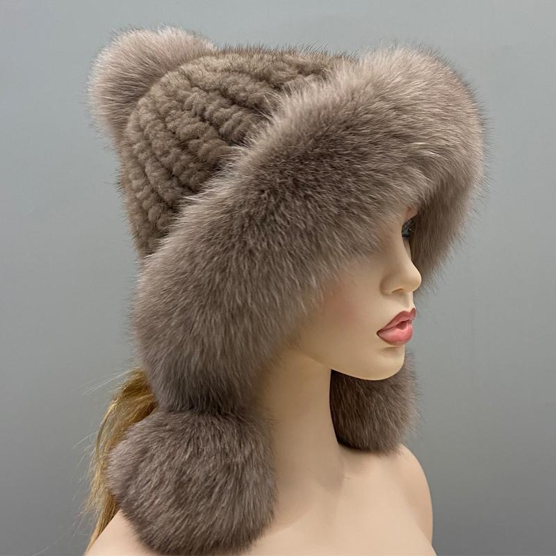 Real Mink Fur Hats Knitted Ear Cap Genuine Warm Snow Fluffy Female Fox Fur Hat Outdoor Luxury Woman Hat