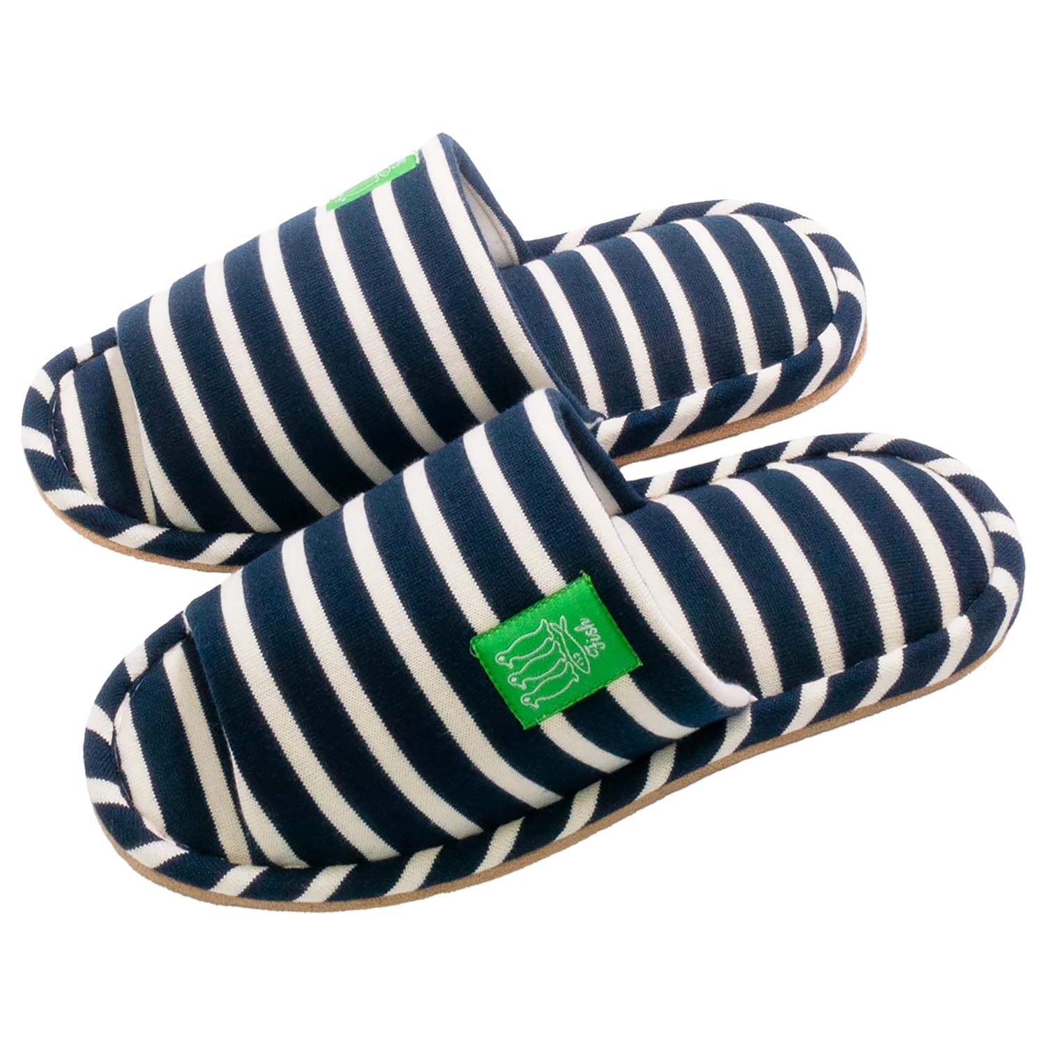

Okumura Machine washable marine style knit border standard slippers (L, navy)