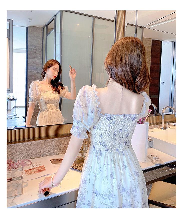 Elegant 2026 Summer Floral Chiffon Dress with Puff Sleeves and Slim Waist