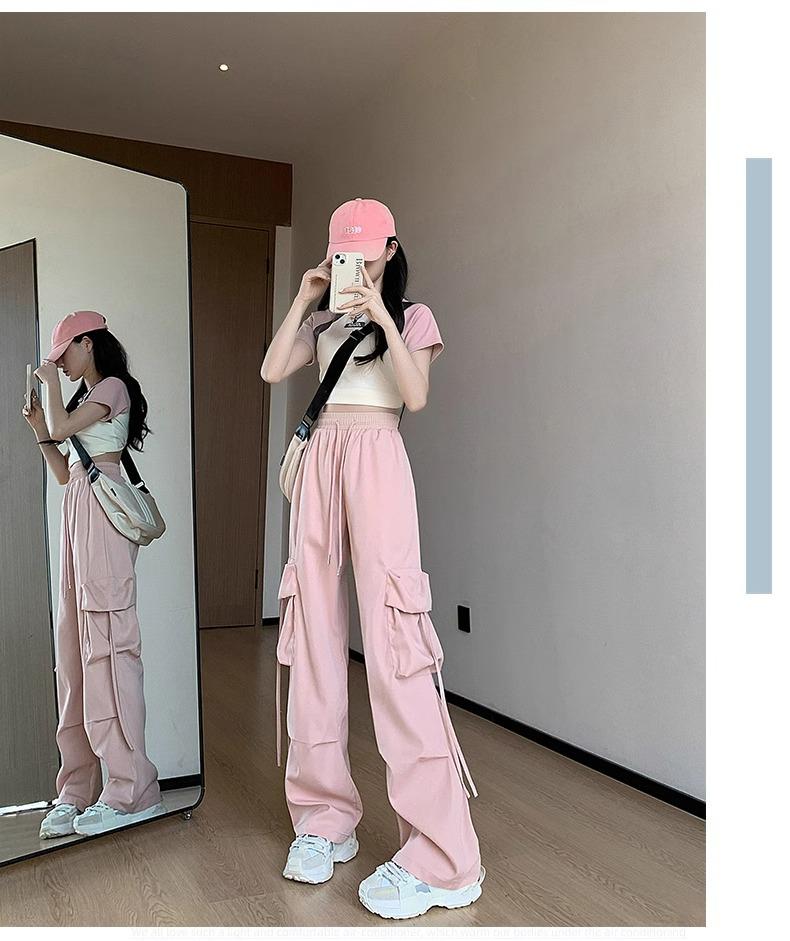 Women's Petite High-Waist Pink Cargo Sweatpants - Summer 2024 Wide-Leg Parachute Style