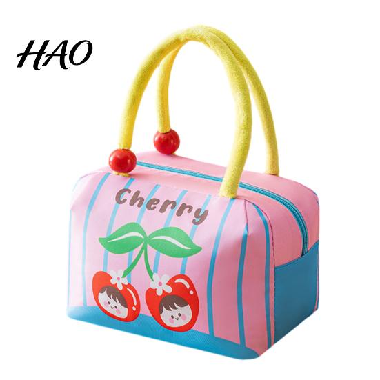 Kawaii Cherry Pattern Lunch Bag Insulated with Reinforced Handle, Cartoon Print, Portable for School Girls Large Capacity Food Storage Organizer