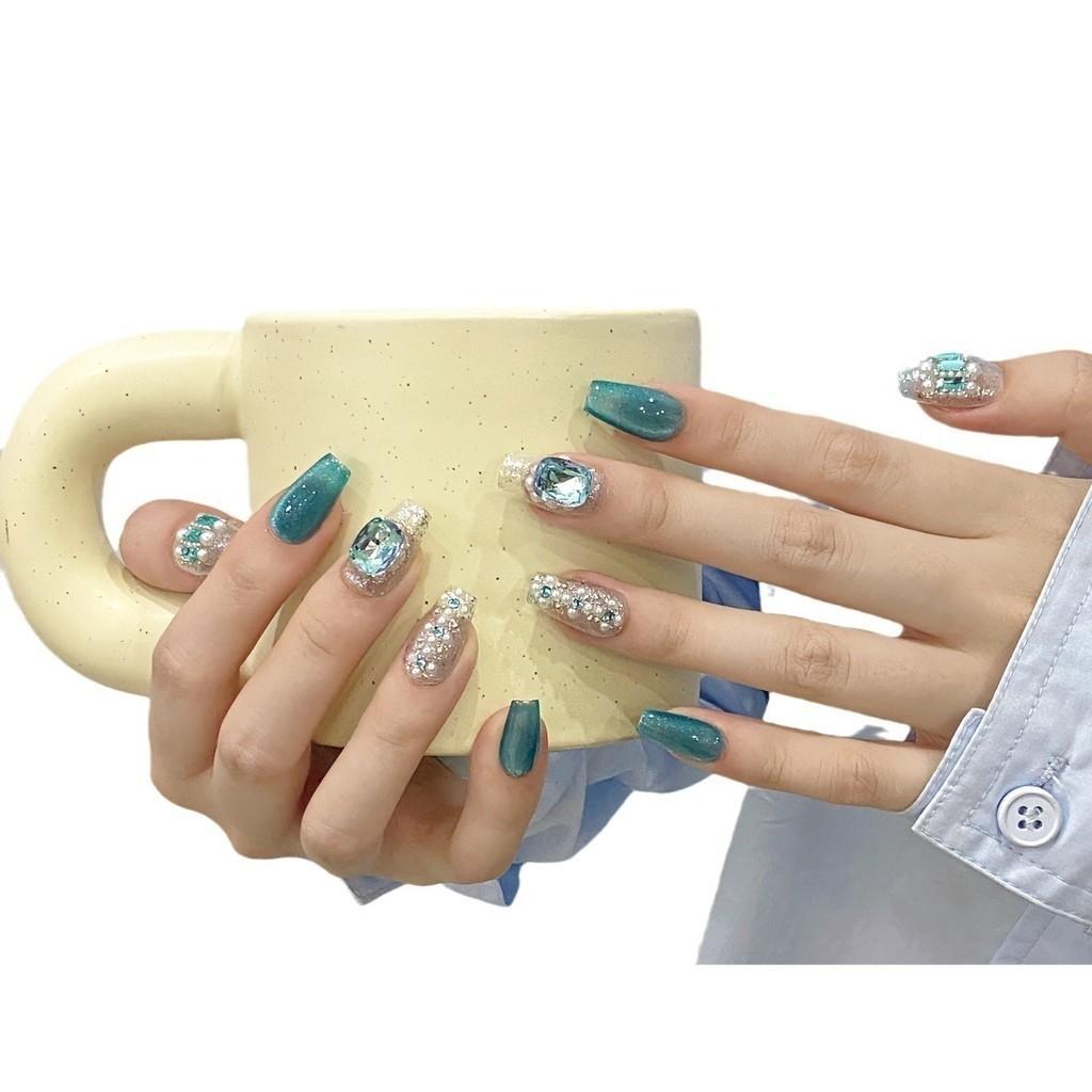 100% HANDMADE Press On Artificial Nail Medium Coffin Shape Ice Blue Ocean Sequin Cat's Eye Phototherapy Nails Fake Nails Reusable