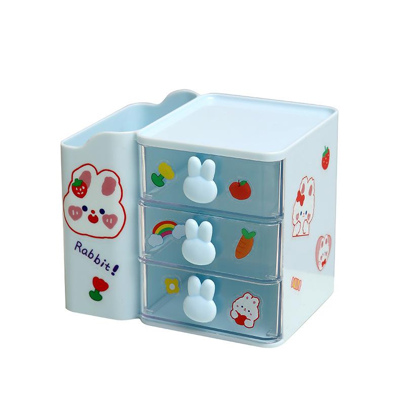 

3-ярусный органайзер для стола с выдвижными ящиками, многофункциональный держатель для канцелярских принадлежностей с милыми ручками в форме кроликов, материал PP 1PC синий