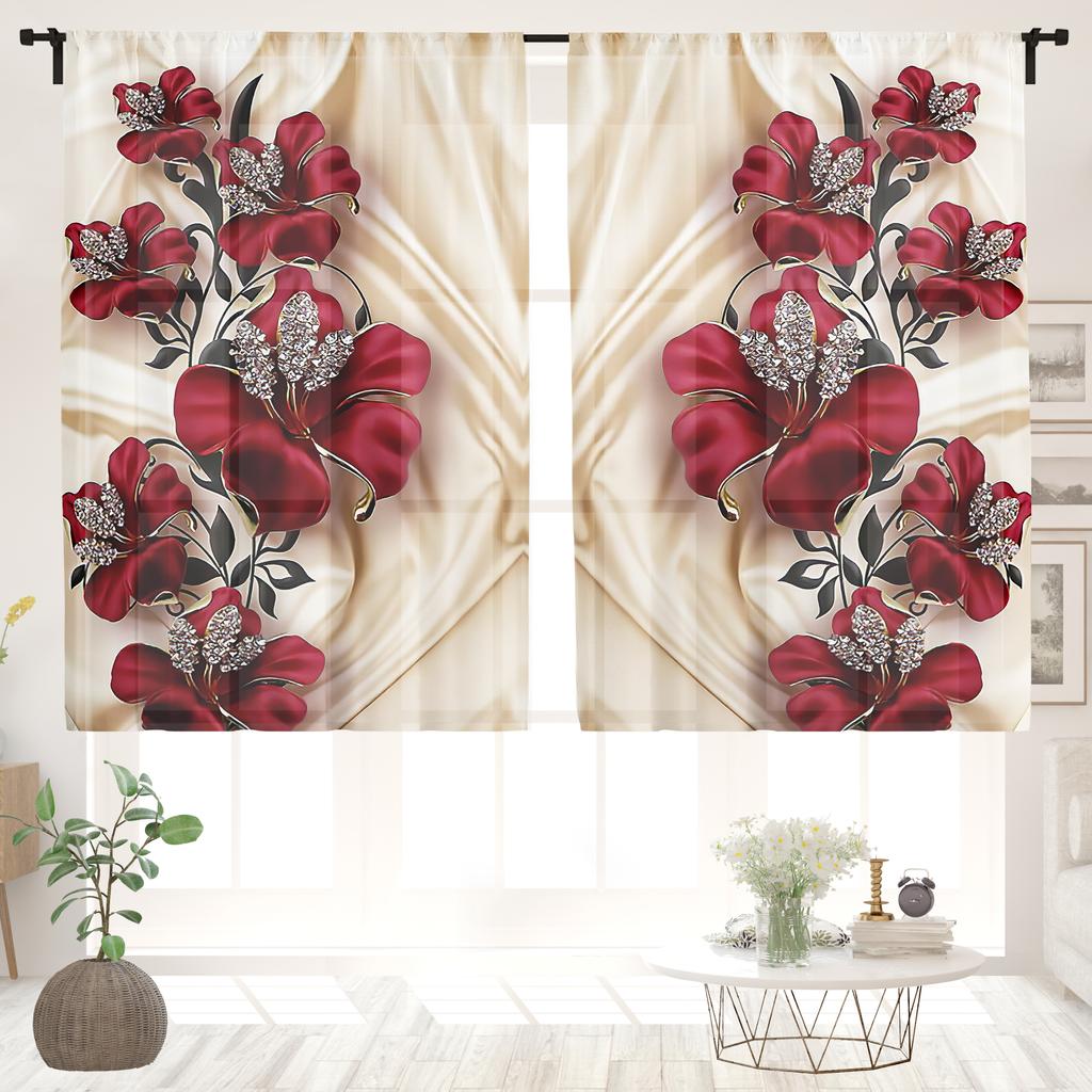 2 Pieces, Red Floral Silky Background Curtains -30% Blackout - Suitable for Living Room, Bedroom and Home Decoration