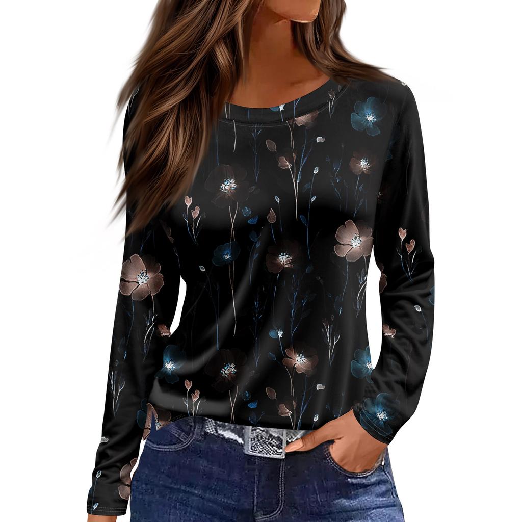 Women's Fashion Casual Slit Hem Round Neck Long Sleeve Loose  Printed T-Shirt Ladies Top