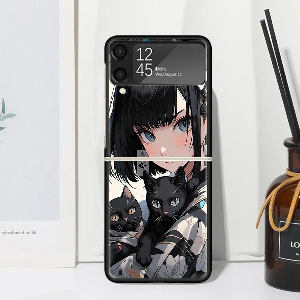 Anime Girls Cute Black Cat Phone Case Cover for Samsung Galaxy Z Flip 7 6 5 4 3 5G Flip3 Flip4 Flip5 ZFlip6 ZFlip7 Black Fundas