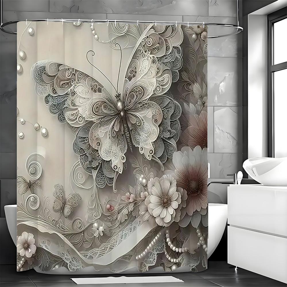 Flach geprägte Kunst Schmetterling Blume Duschvorhang, Dekorativer Duschvorhang für Badezimmer, Wasserdichter Duschvorhang mit Haken