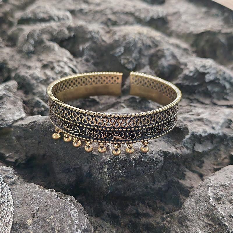 Vintage Bronze Hollow Open Bangle, Beaded Tassel Adjustable Bracelet For Women Daily Outfit & Birthday Gift For Her