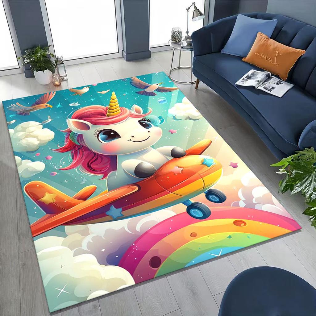 Cartoon Rainbow Unicorn Elves Girl Gift Rug for Bedroom Living Room Sofa Home Doormat Decor, Large Kid Play Non-slip Floor Mat