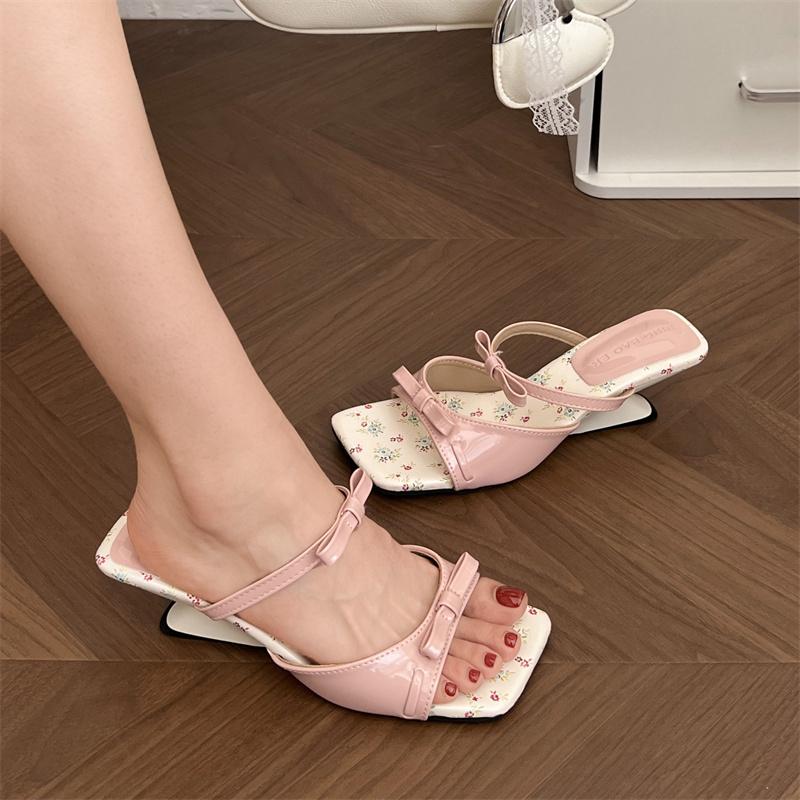 Fashion New Style Popular French Pink Bow Diamond High-heeled Slippers with Exposed Toes Sandals Shoes for Women Sandal Zapatos Mujer