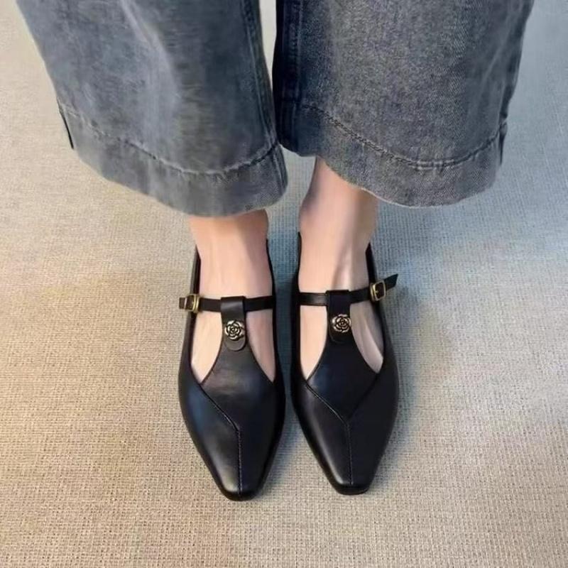 New Vintage Women'S Leather Mary Jane Pumps - Pointed-Toe Gold Floral Buckle T-Strap Low Heel Office & Daily Shoes