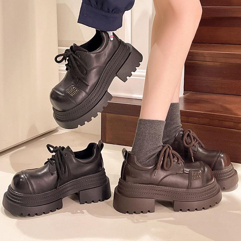 British Style Big Head Lace-up Small Leather Shoes Women's 2025 Spring New Fashion Small Man Height Increase Platform Loafer Single Shoes