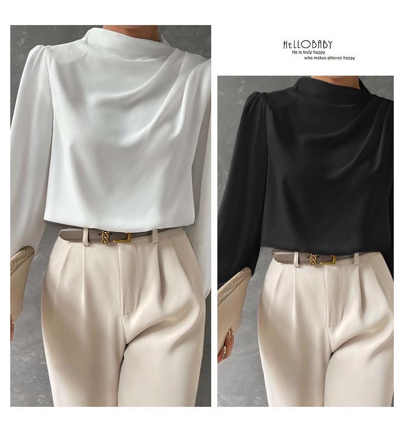 Solid Color Ruched Satin Pullover: Women's European and American Style Long-Sleeved Shirt
