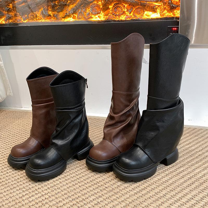 Women's Soft Leather Knee-High Ruched Boots with Thick Sole - 2024 Autumn/Winter