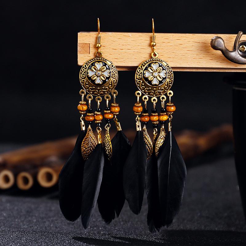 Vintage Bohemian Long Feather Women's Earrings Enamel Flower Drop Dangle Earrings Boho Tassel Leaf Wooden Bead Handmade Zircon