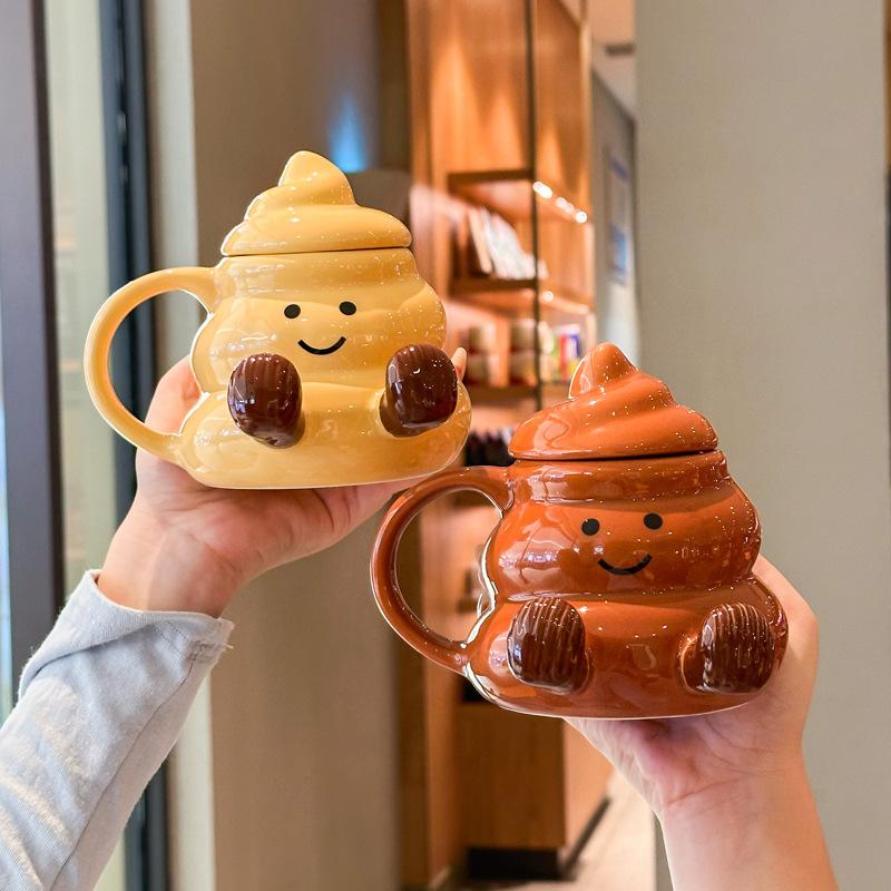 Baifenbai Home Furnishing White Weird Mug, Cute And Funny, Poo, Ceramic Water Cup With Lid, Ugly To The Point Of Bursting, Birthday Gift Souvenir