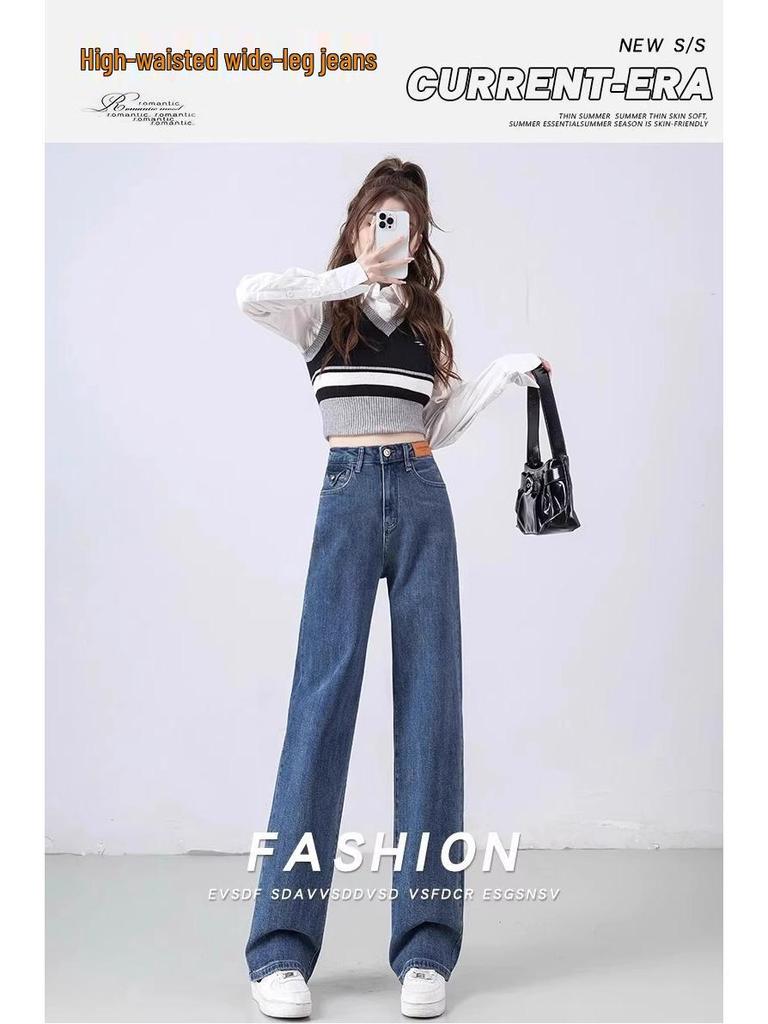 Damen Blaue High-Waist Straight-Leg Jeans, Frühjahr Herbst 2025 Kollektion