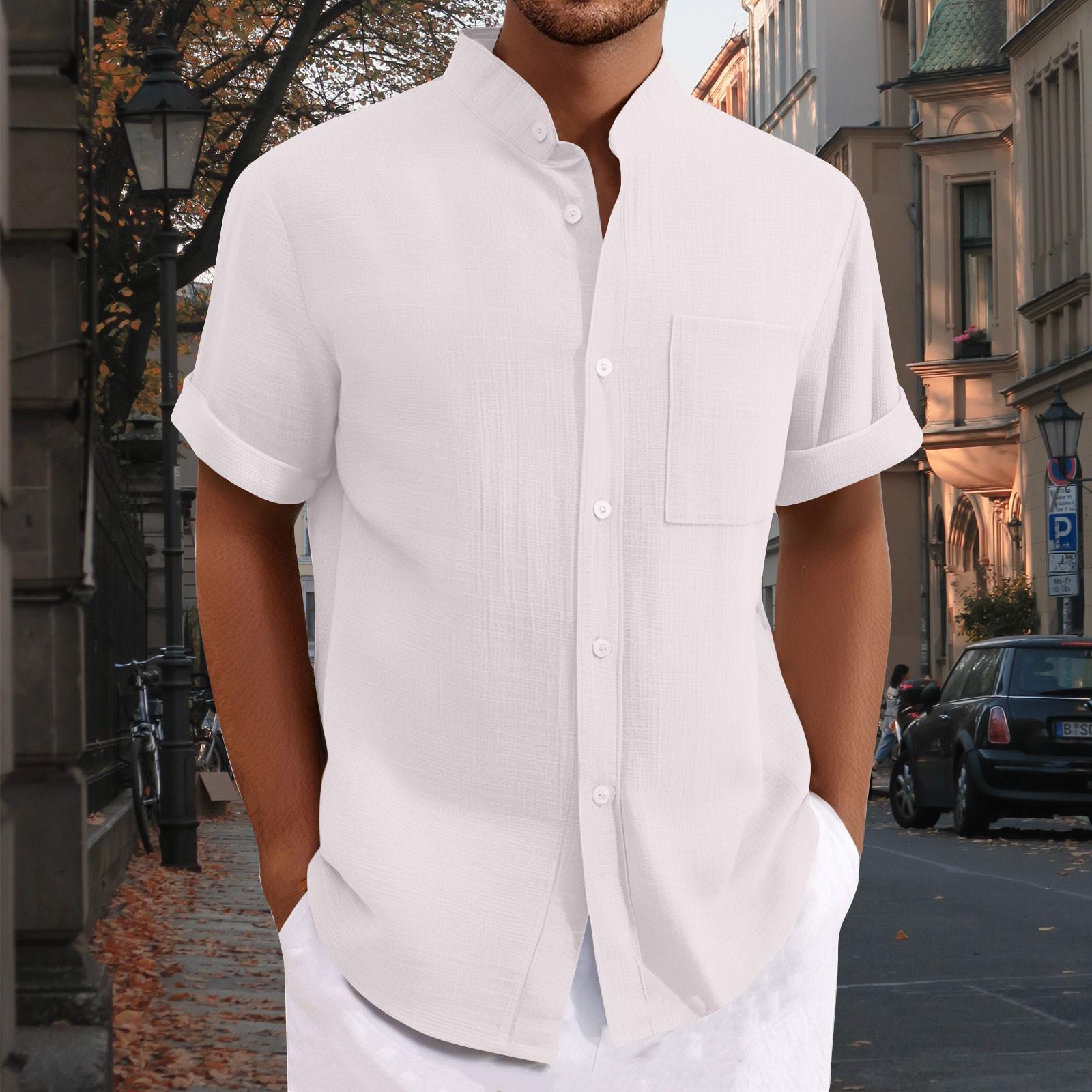 

Мужская повседневная свободная рубашка с короткими рукавами и принтом, модный топ с воротником-стойкой XL белый