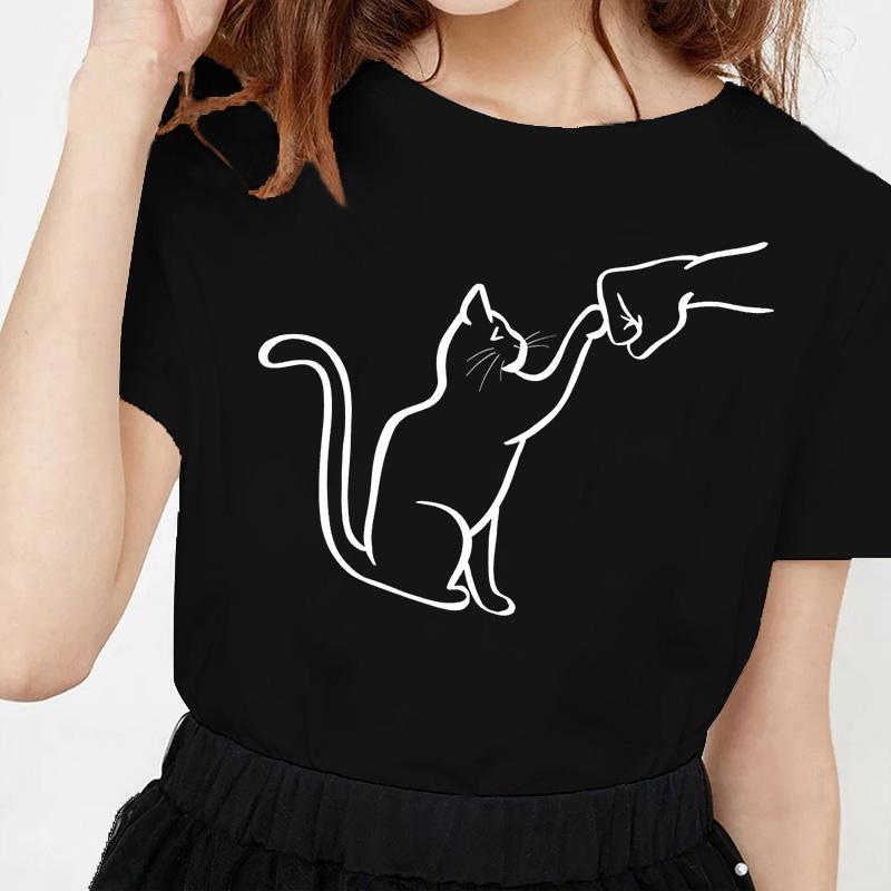 Kawaii Cat Line Drawing Minimalist Print T Shirt Female Harajuku Aesthetic Streetwear Summer Clothes for Women Camisa Masculina