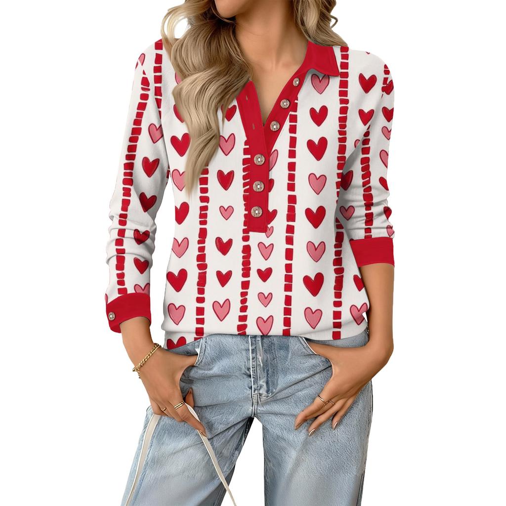 Damen Retro Street Lässiger V-Ausschnitt Langarm Knopf Valentinstag Herz Pullover Top