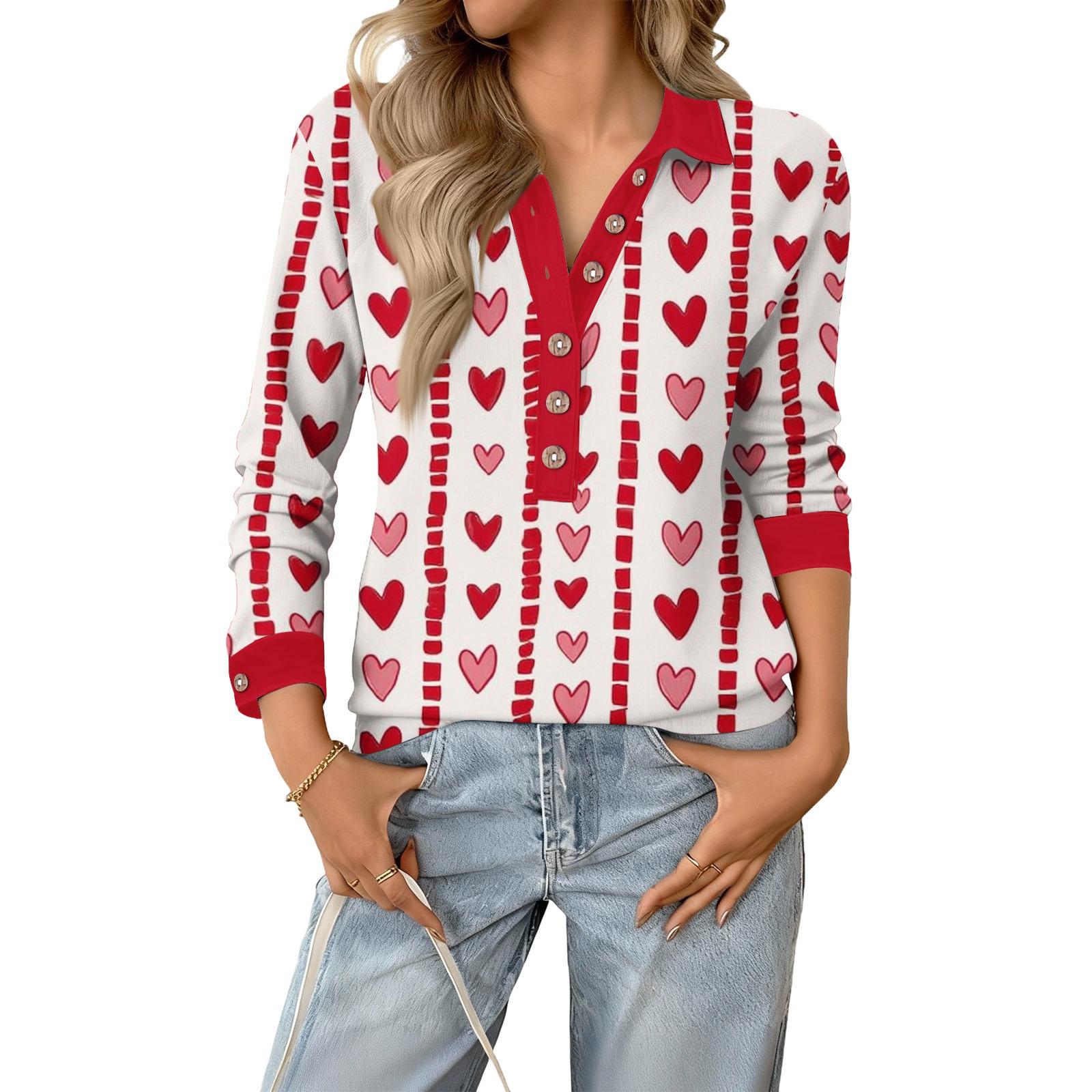 

Women s Retro Street Lazy V,neck Long Sleeve Button Valentine s Day Heart Pullover Top M