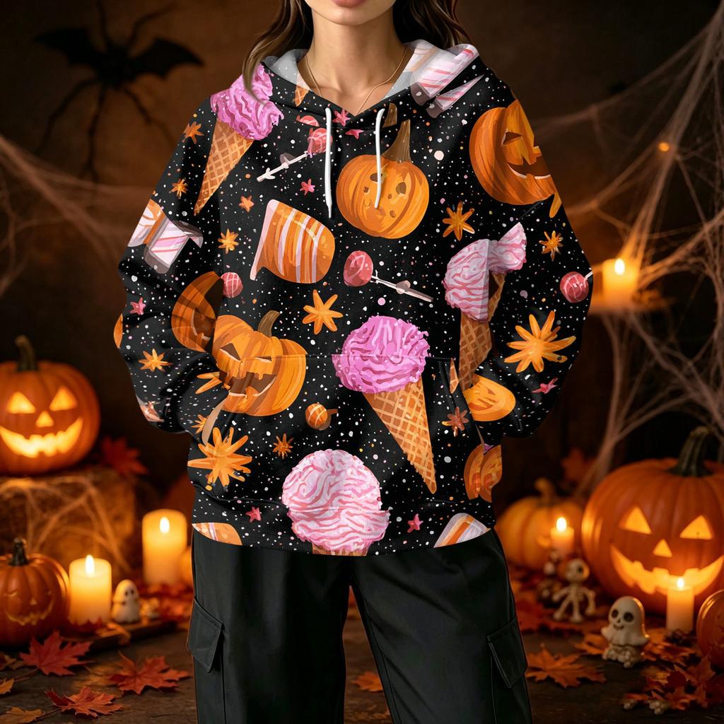 Women's Casual Halloween Print Hoodie with Front Pockets