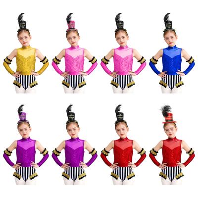 Girls Circus Costume Set Sequins Mock Neck Sleeveless Jumpsuit Press Buttons Metallic Oversleeve Top Hat