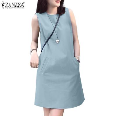 Vestido Casual Feminino de Verão Sem Mangas com Decote Redondo