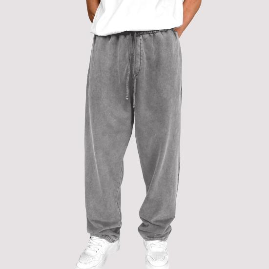 Yousheng Men Sport Pants Wide Leg Drawstring Elastic Waist Pure Color Sweatpants Full Length Loose with Pockets Long Trousers