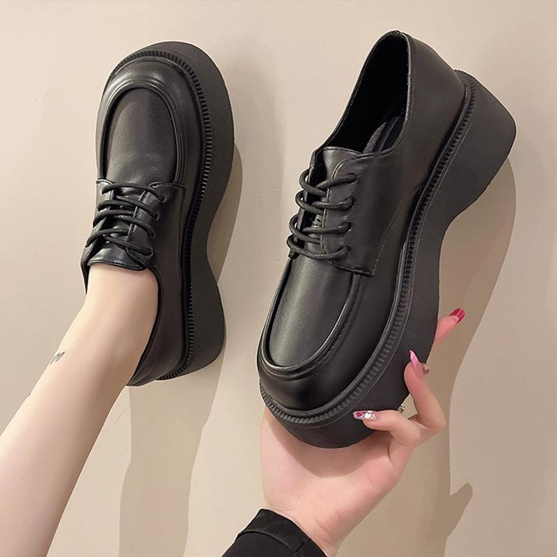 Black big head and small leather shoes women's spring new round head lace-up British college style muffin platform single shoes