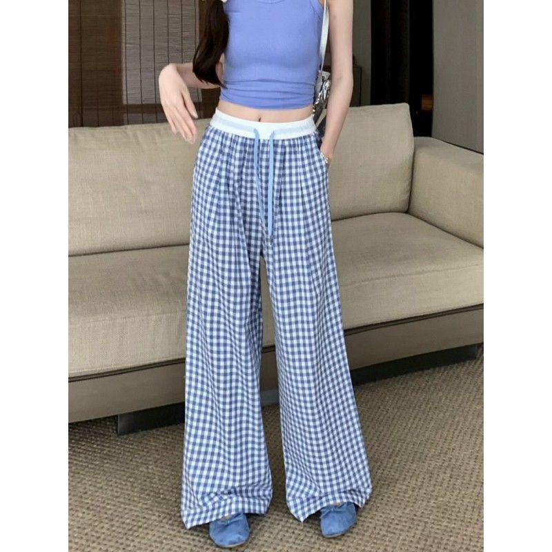 Plaid Casual Pants Women's Summer New Loose Straight Drape Floor Wide-leg Trousers