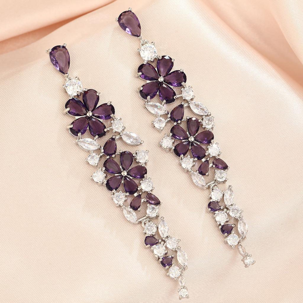 Floral Green Crystal Drop Earrings For Wedding And Party Wear