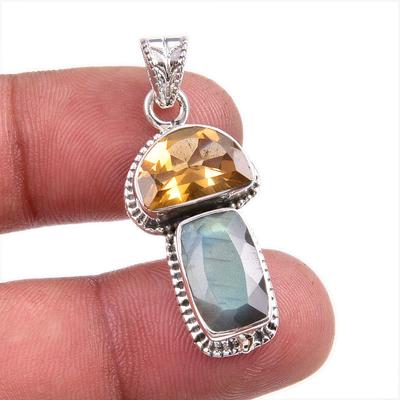 Natural Citrine,Labradorite Gemstone 925 Solid Silver Jewelry Pendant 1.50" L6a06