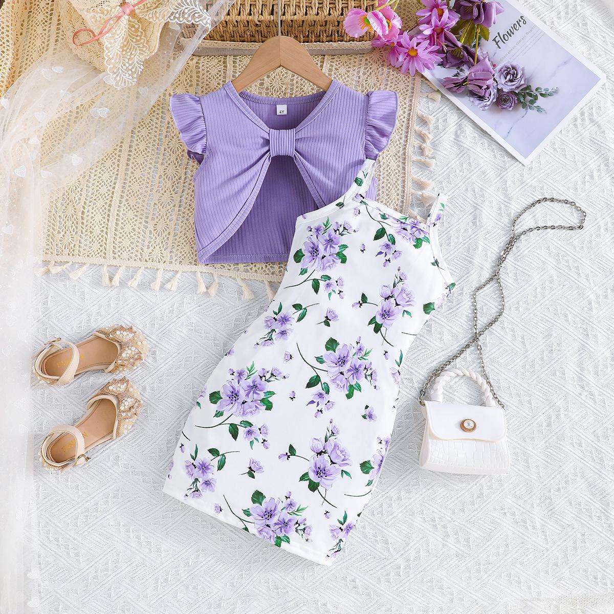 

New Arrival Children s Flying Sleeve Casual Top Double Shoulder Strap Flower Dress Set 8Y фіолетовий