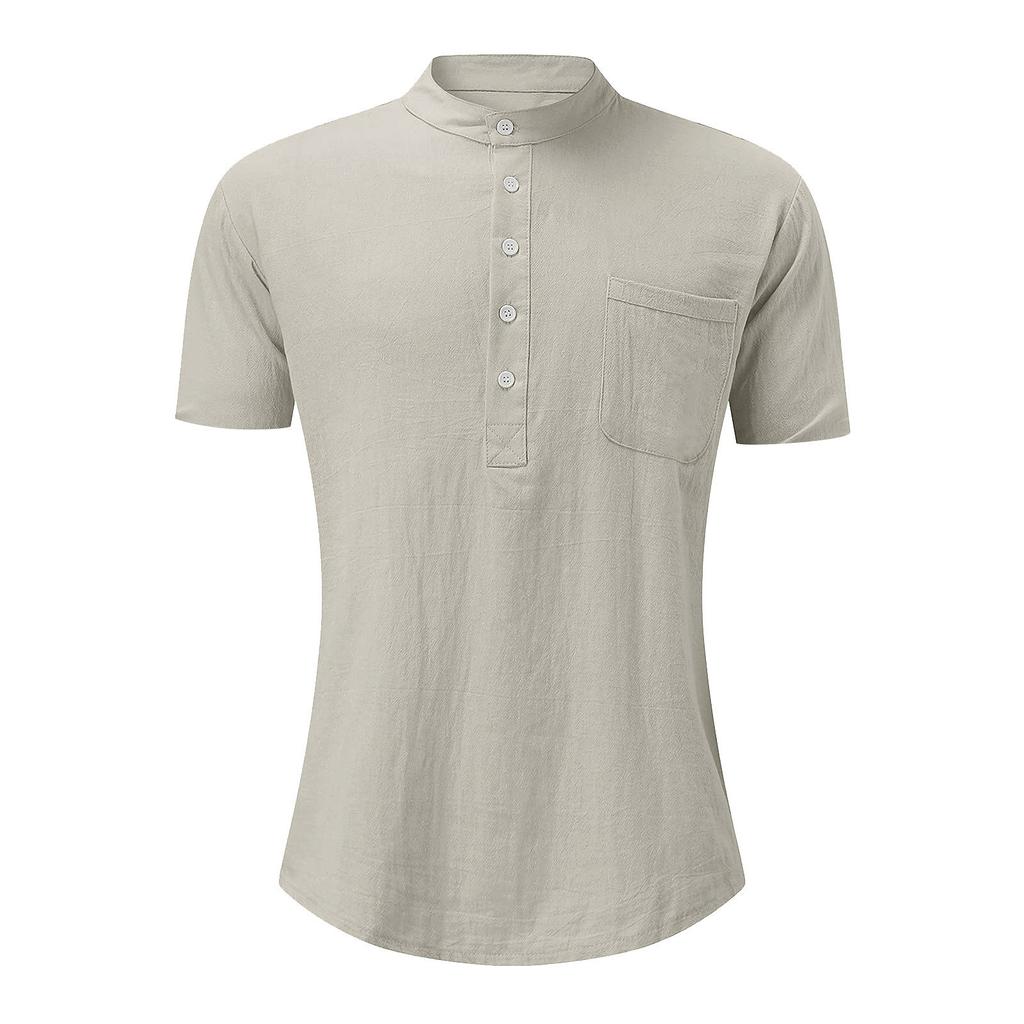 Designer Spring Summer Men's Casual Cotton Linen Solid Color Short Sleeve Shirts Loose Stand Collar Shirts