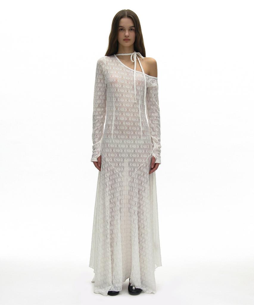 Partimento Woman Sheer Lace Tie-Neck Maxi Dress_White