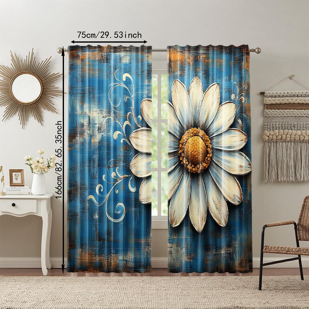 2 Pcs, Versatile Polyester Transparent Curtains for Home Decoration Floral Daisy Design for Use In Bedrooms and Living Rooms
