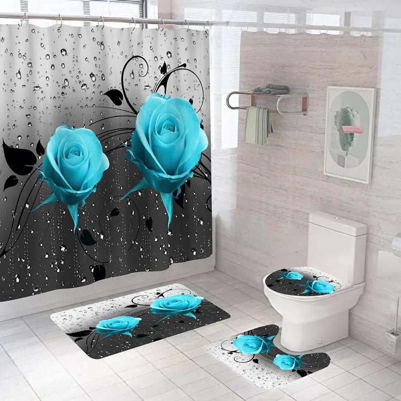 Modern Style Flower Durable Waterproof Shower Curtain Set Toilet Seat Cover Bath Nonslip Mat Rug Carpet Bathroom Decor Washable
