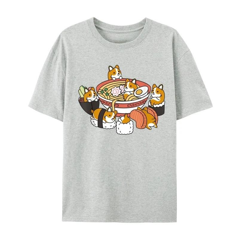 2025 Casual 100% Pure Cotton Short Sleeved Printed Top Ramen Sushi Corgi Dog T-shirt Summer Autumn Couple Outfit
