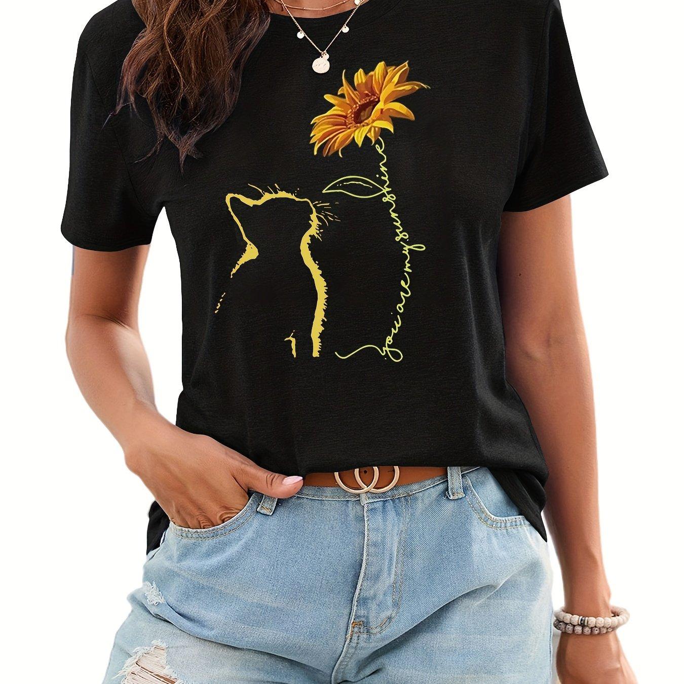 

Sunflower & Cat Print T-Shirt, Short Sleeve Crew Neck Casual Top For Summer & Spring, Women s Clothing 4XL