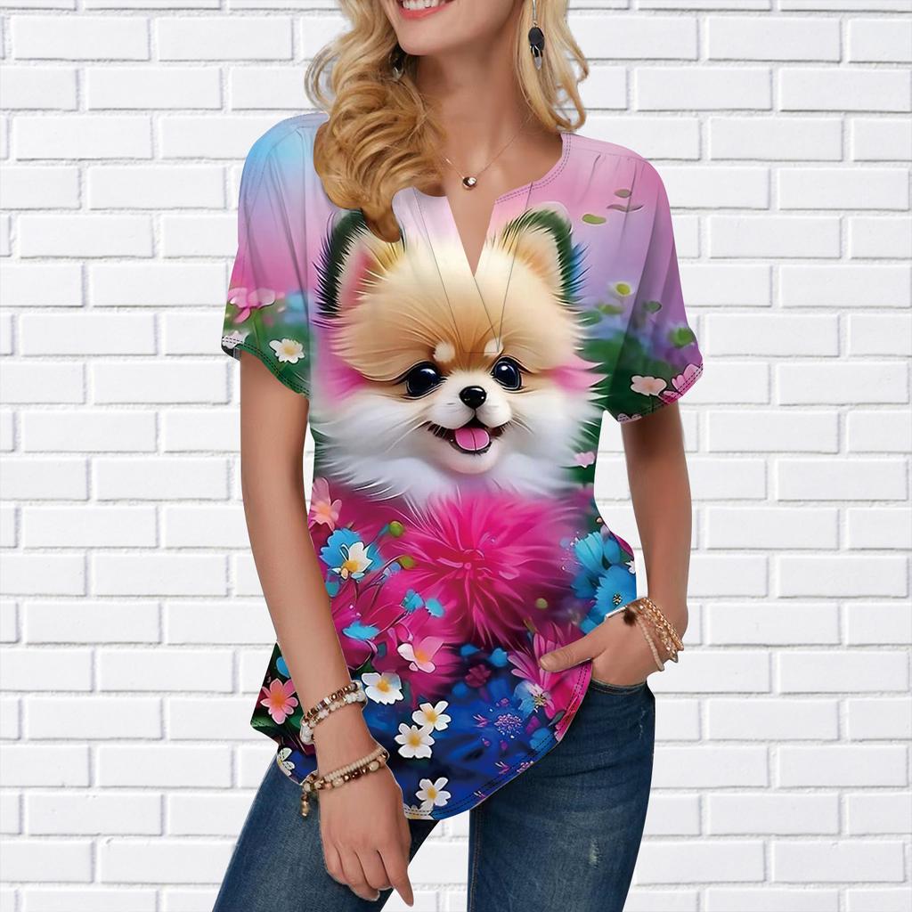Women Summer T Shirt Cat Garden Print Short Sleeve Tees Casual Printed Tops Small V-neck Short Sleeves