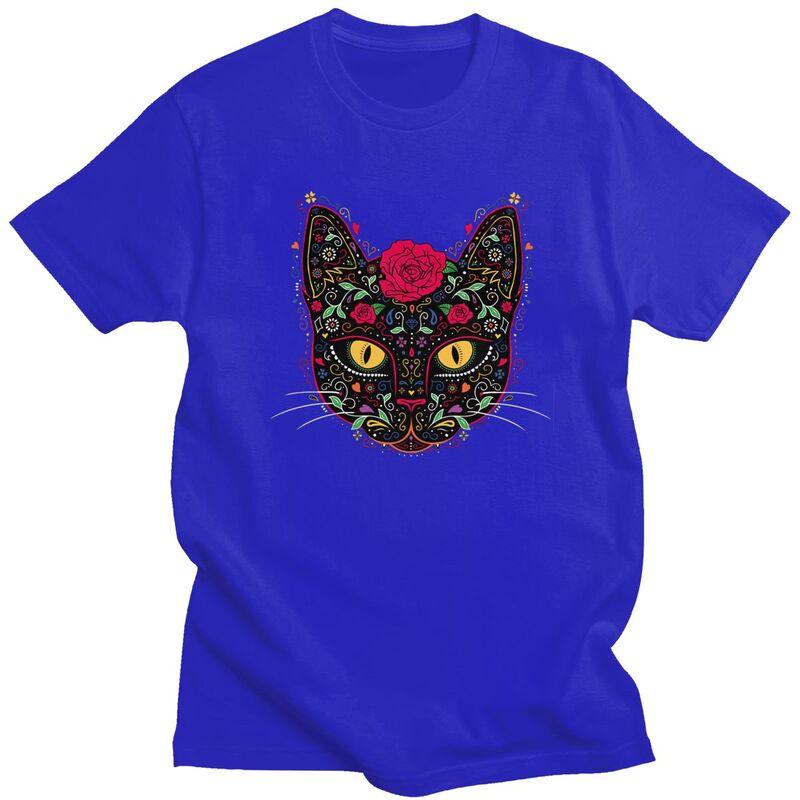 Custom Cool Day Of The Dead Kitten Cat Sugar Skull T Shirt Men Short Sleeve Pure Cotton Tshirt Tees Streetwear Tshirt