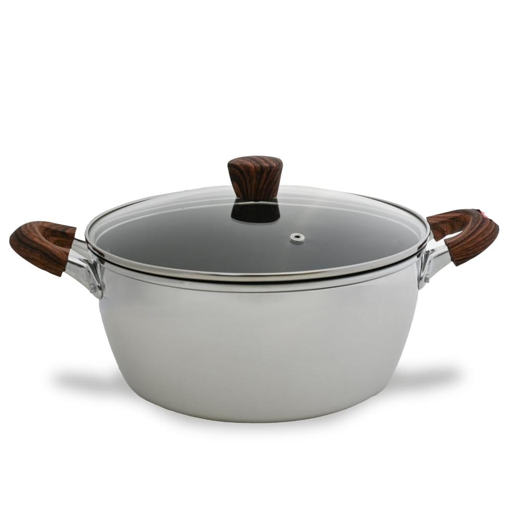 every U. Titanium Coated Double-Handled Pot, 26cm, with Glass Lid. Features a non-stick fluororesin coating, suitable for gas and induction cooktops,